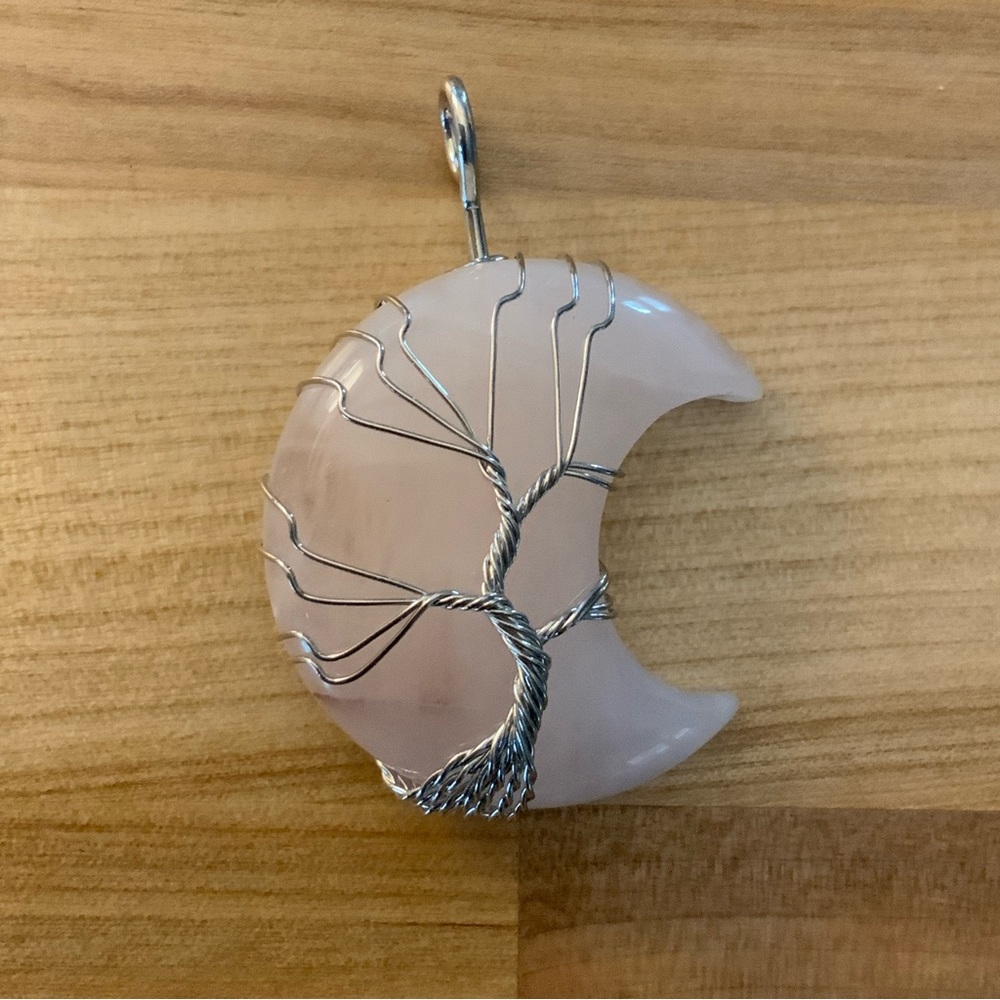 Rose Quartz Crescent Moon Silver Wrapped Pendant